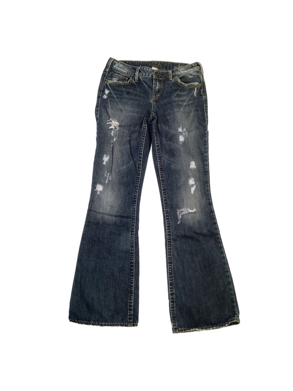 Silver Jeans Aiko Women’s 29x35 Medium Wash Distressed Flare Bootcut Jeans Y2K
